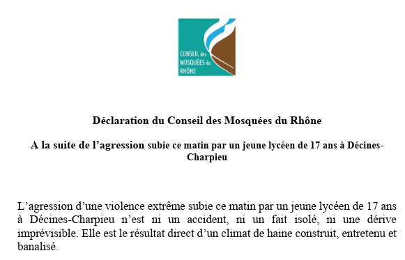 Suite à l’agression subie ce matin par un jeune lycéen de 17 ans à Décines-Charpieu