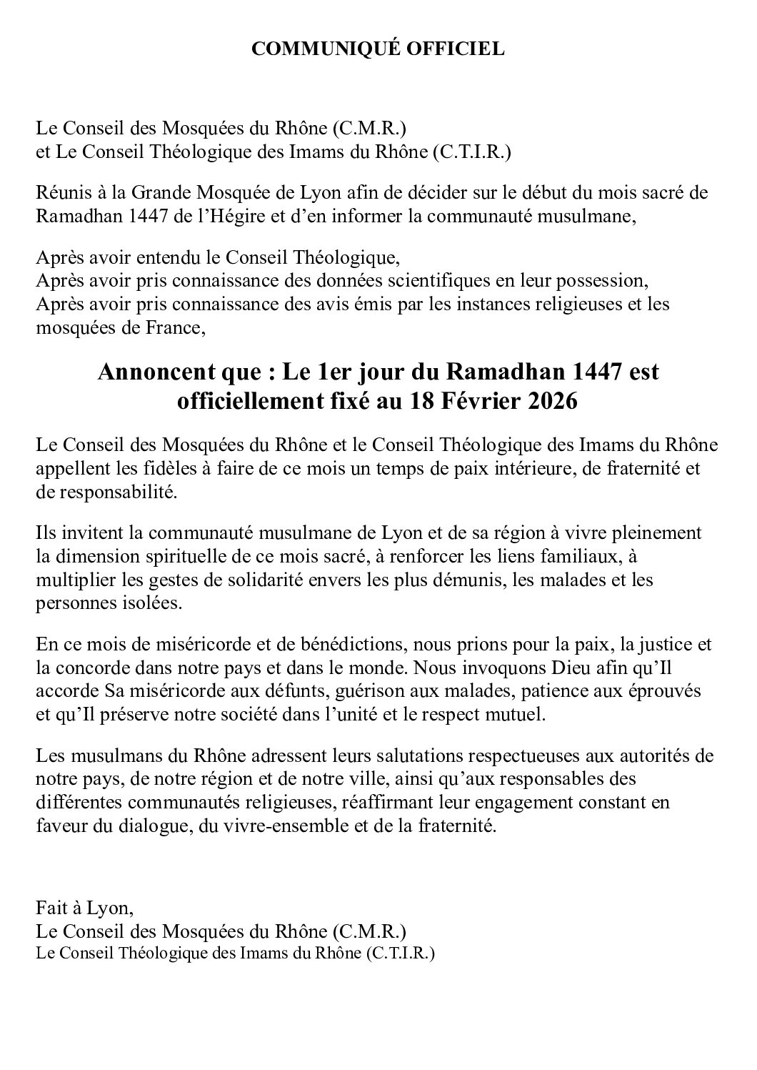 Ramadan 1447 H – Un appel à l’union, à la patience et à la piété